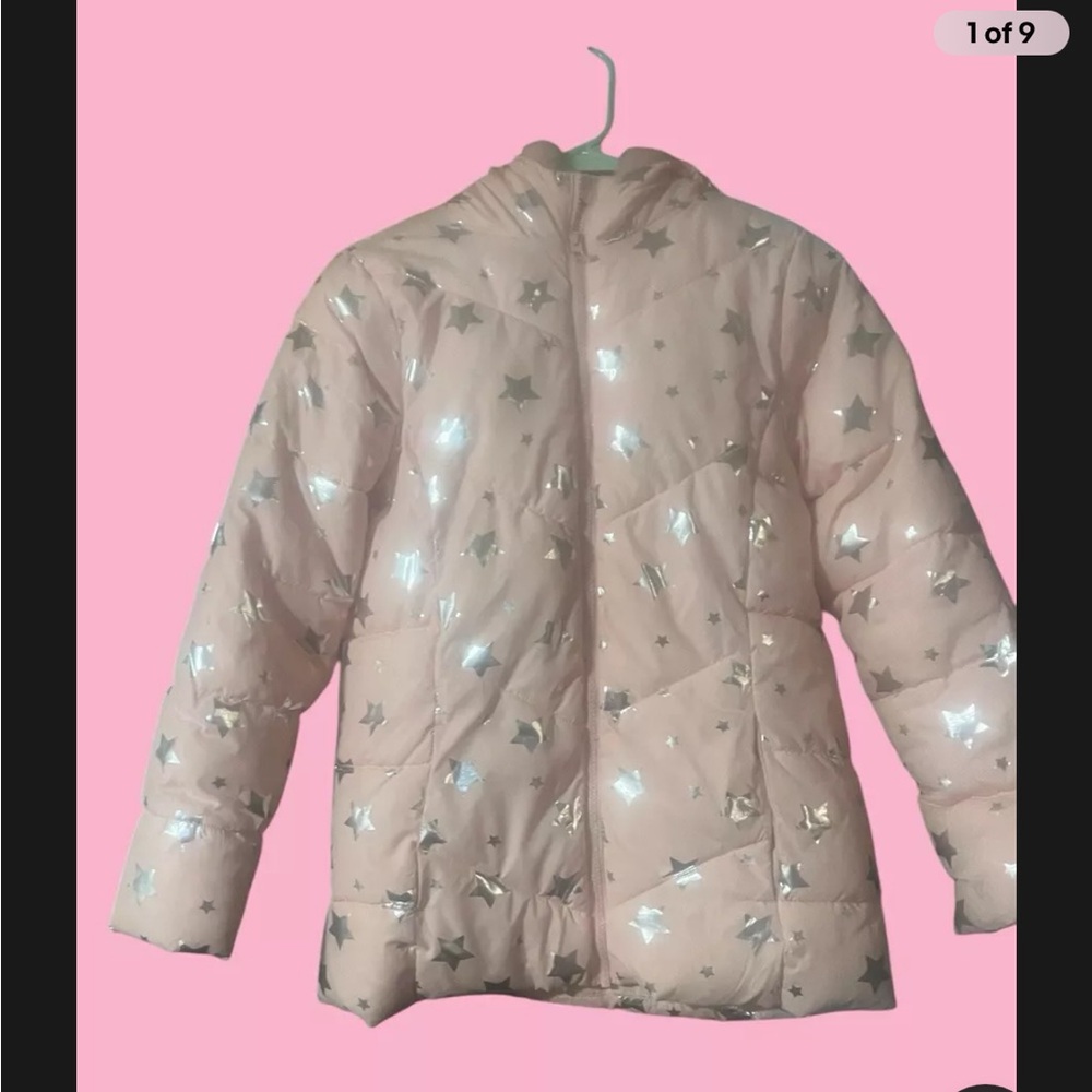 Girls with tech extra large, white pink with silver stars, puffer jacket